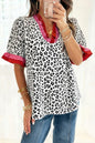 Gray Ruffled Trim V Neck Leopard Print Short Sleeve Blouse