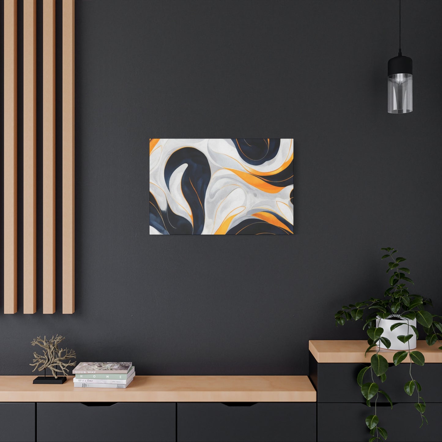 Abstract Fluid Art Matte Canvas Print — Navy, Gold & White Stretched Wall Art