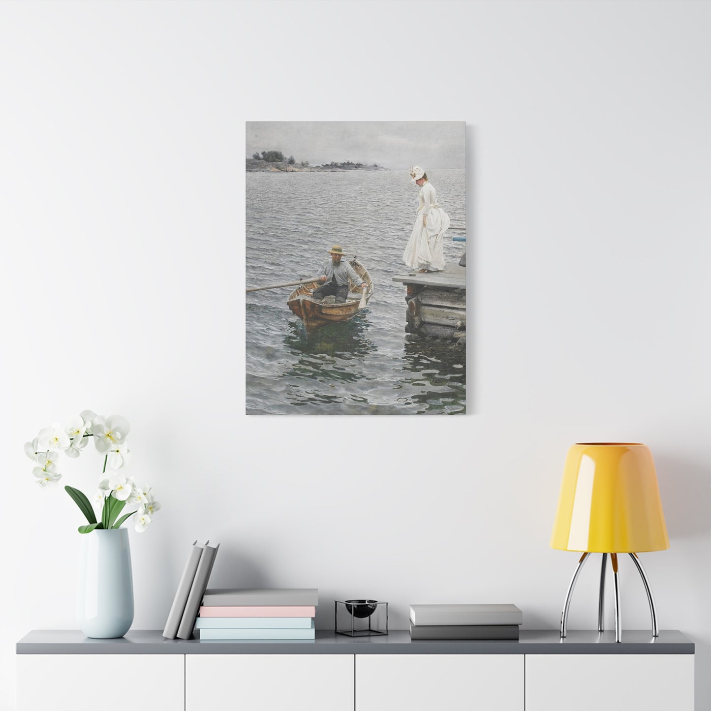 Seaside Stroll Canvas Print — Vintage Woman & Rowboat Matte Stretched Art 1.25"