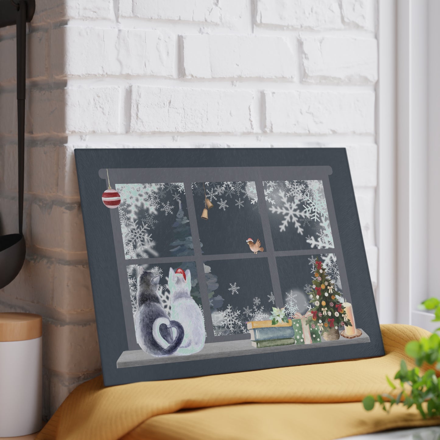 Glass Cutting Board - Cozy Winter Cats by Window Holiday Kitchen Decor
