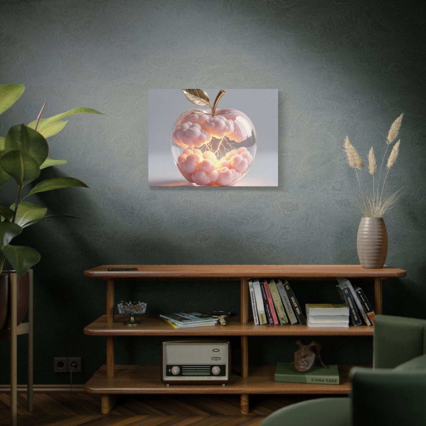 Surreal Glass Apple Canvas – Lightning & Pink Clouds Wall Art