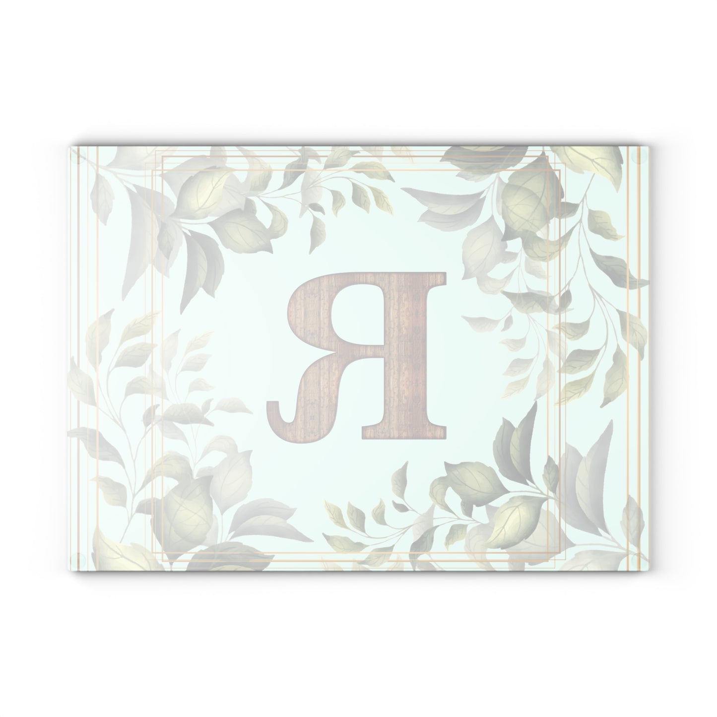 Monogram Glass Cutting Board — Rustic Wood “R” with Greenery Border