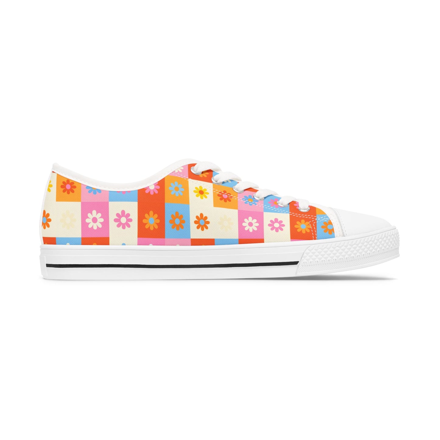 Floral Checkered Low Top Sneakers — Retro 60s-Inspired Casual Shoes