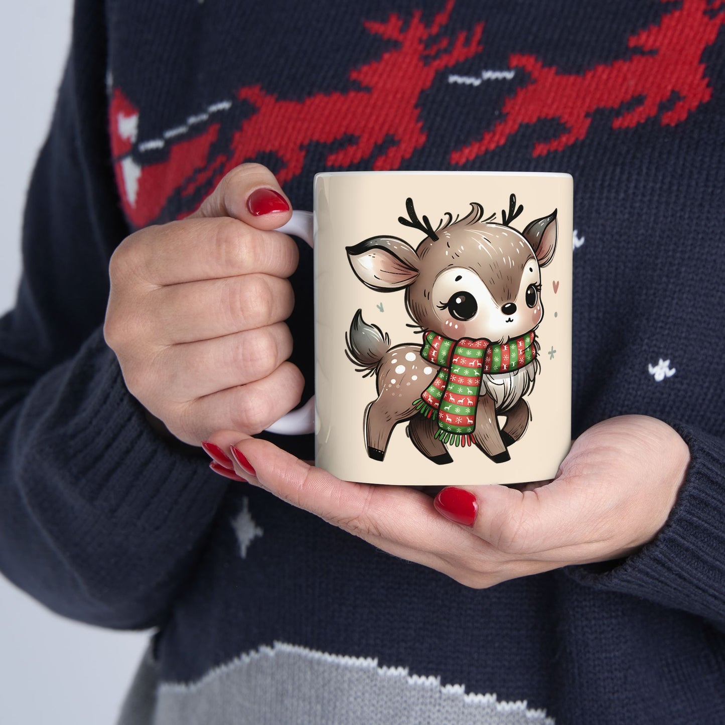 Cute Reindeer Mug — Christmas Deer Ceramic Coffee Cup (11oz & 15oz)
