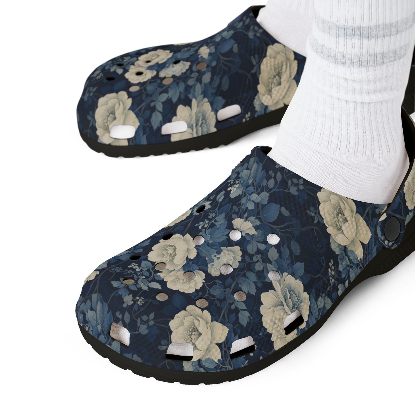 Floral Clogs - Vintage Blue Rose Slip-On Shoes