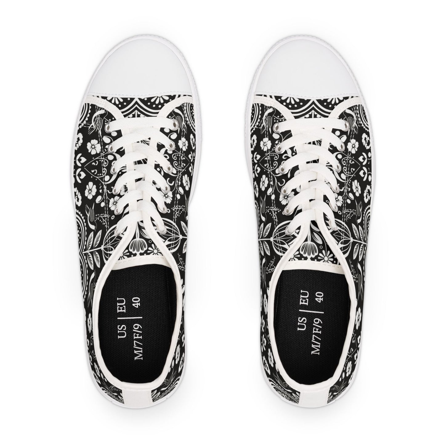 Low Top Sneakers — Black White Paisley Floral Pattern