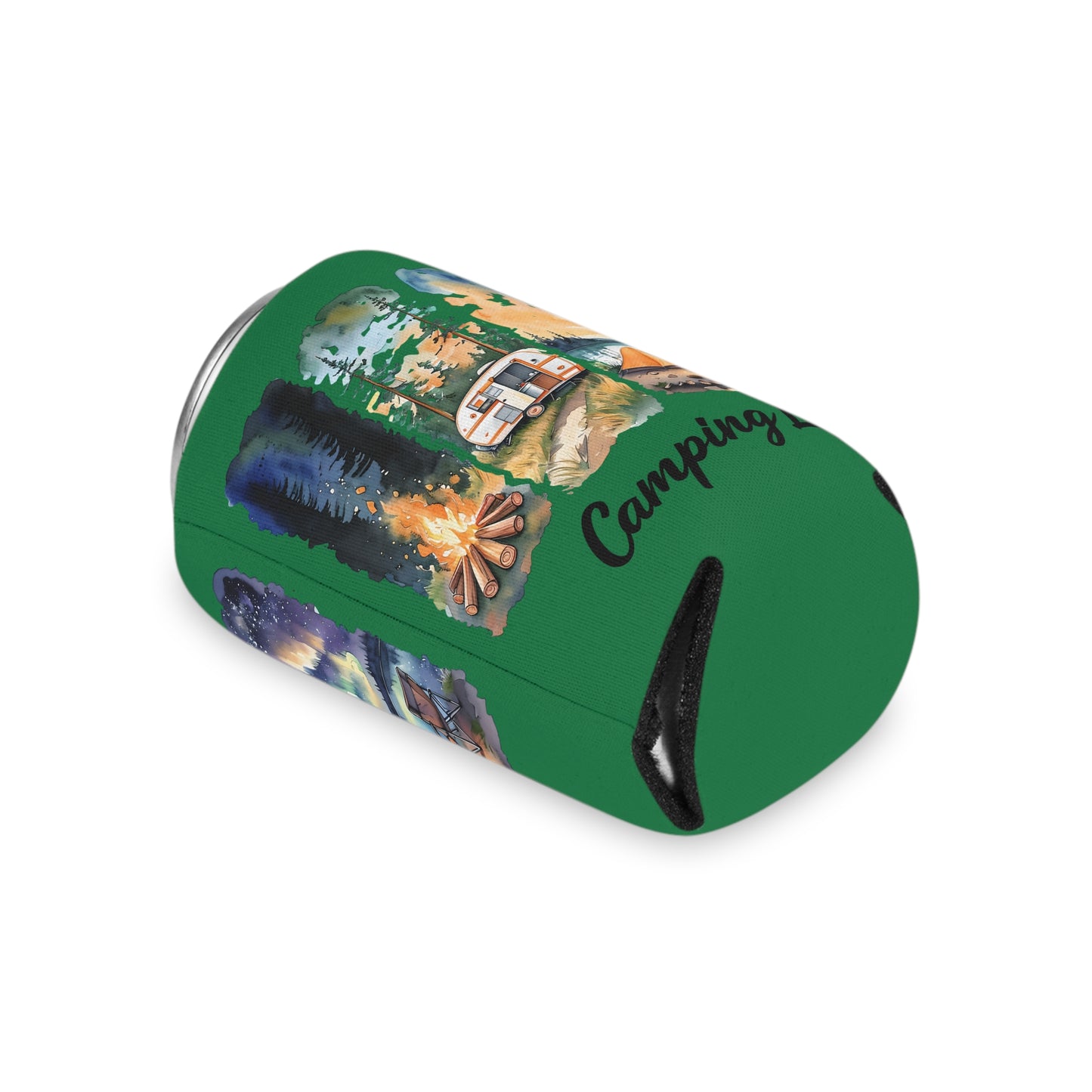 Camping Life Can Cooler – Insulated Beer Cooler with Campsite Watercolor Design