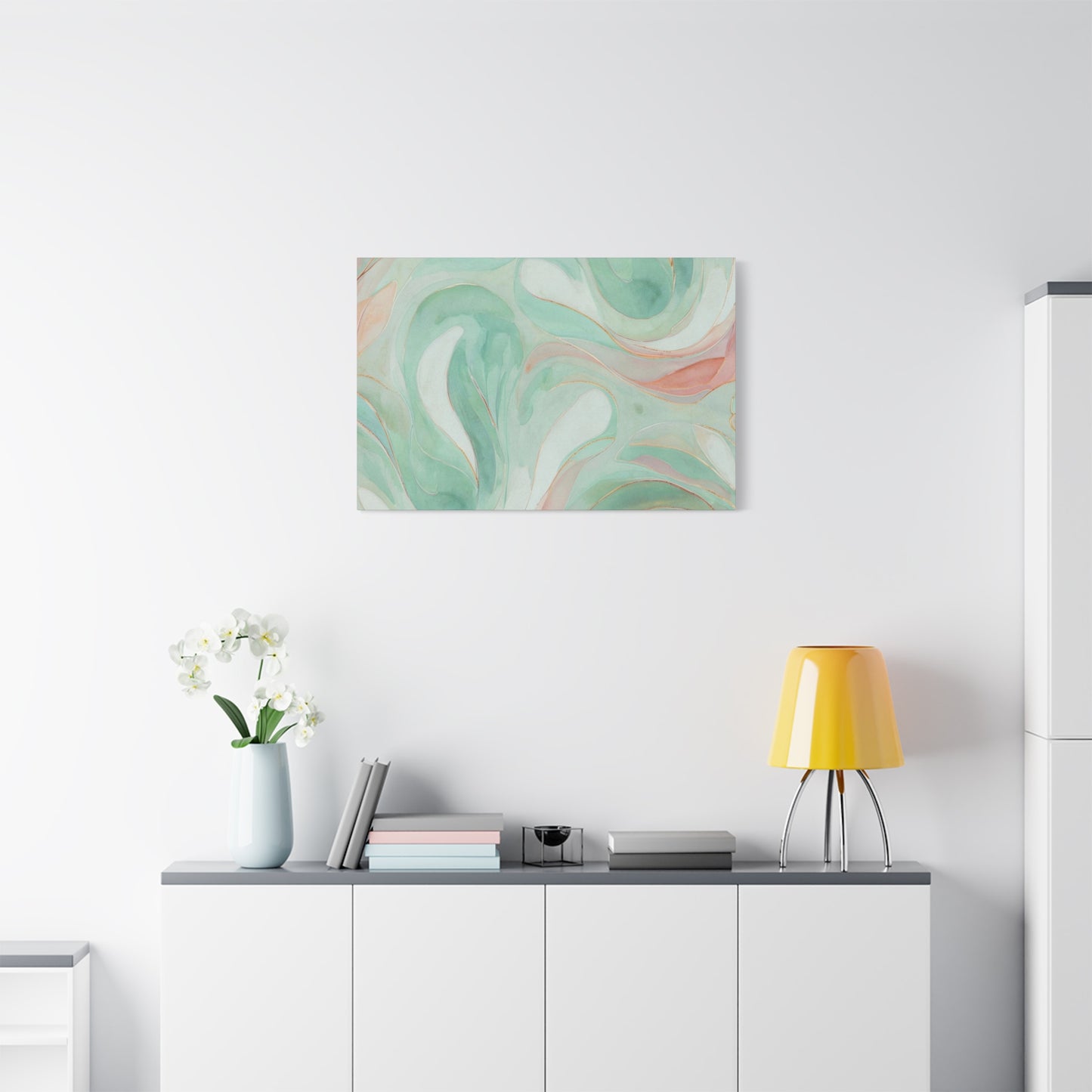 Abstract Green Marble Canvas Print — Teal & Coral Swirl Wall Art