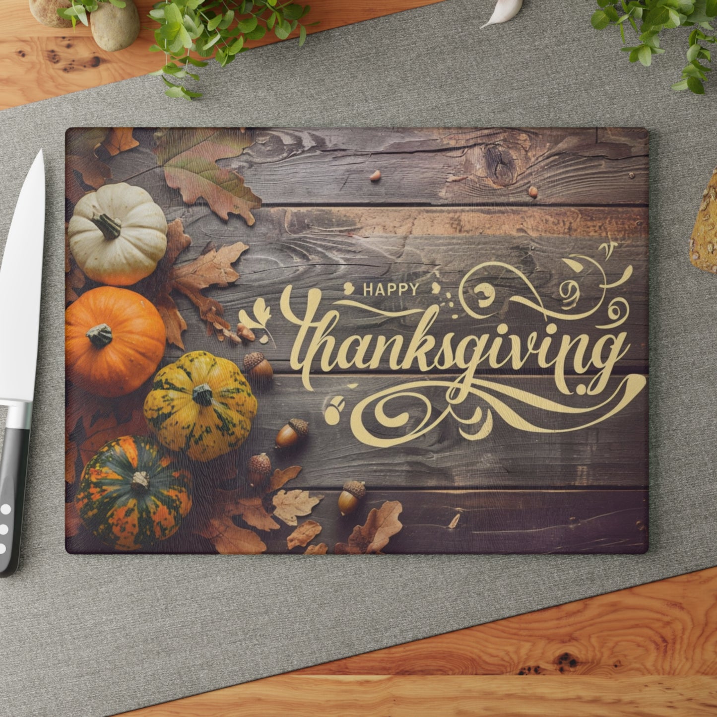 Thanksgiving Glass Cutting Board — Autumn Pumpkins & 'Happy Thanksgiving' Decorative Chopping Board