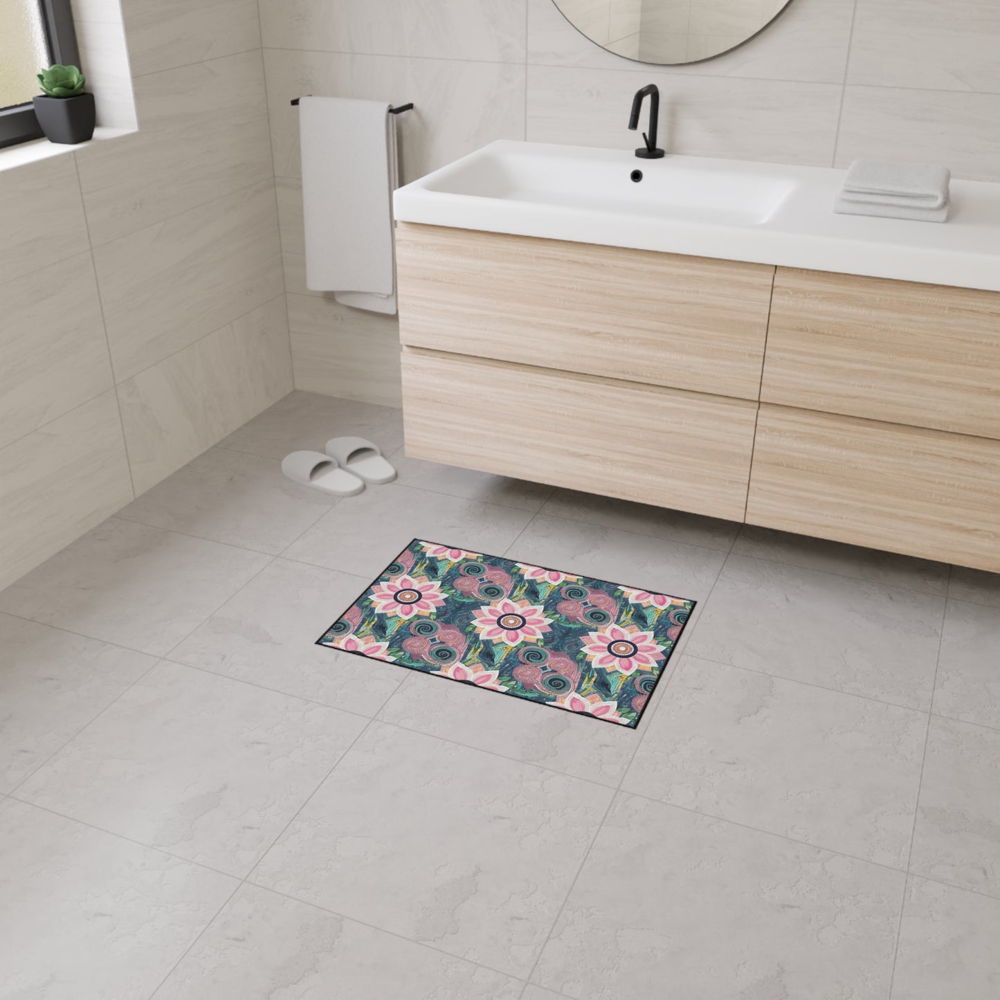 Floral Boho Heavy-Duty Floor Mat — Pink Lotus Pattern Rug
