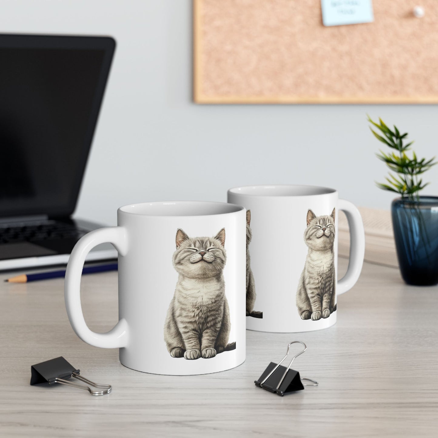 Smiling Grey Tabby Cat Ceramic Mug — Cute Cat Lover Coffee Cup (11oz & 15oz)