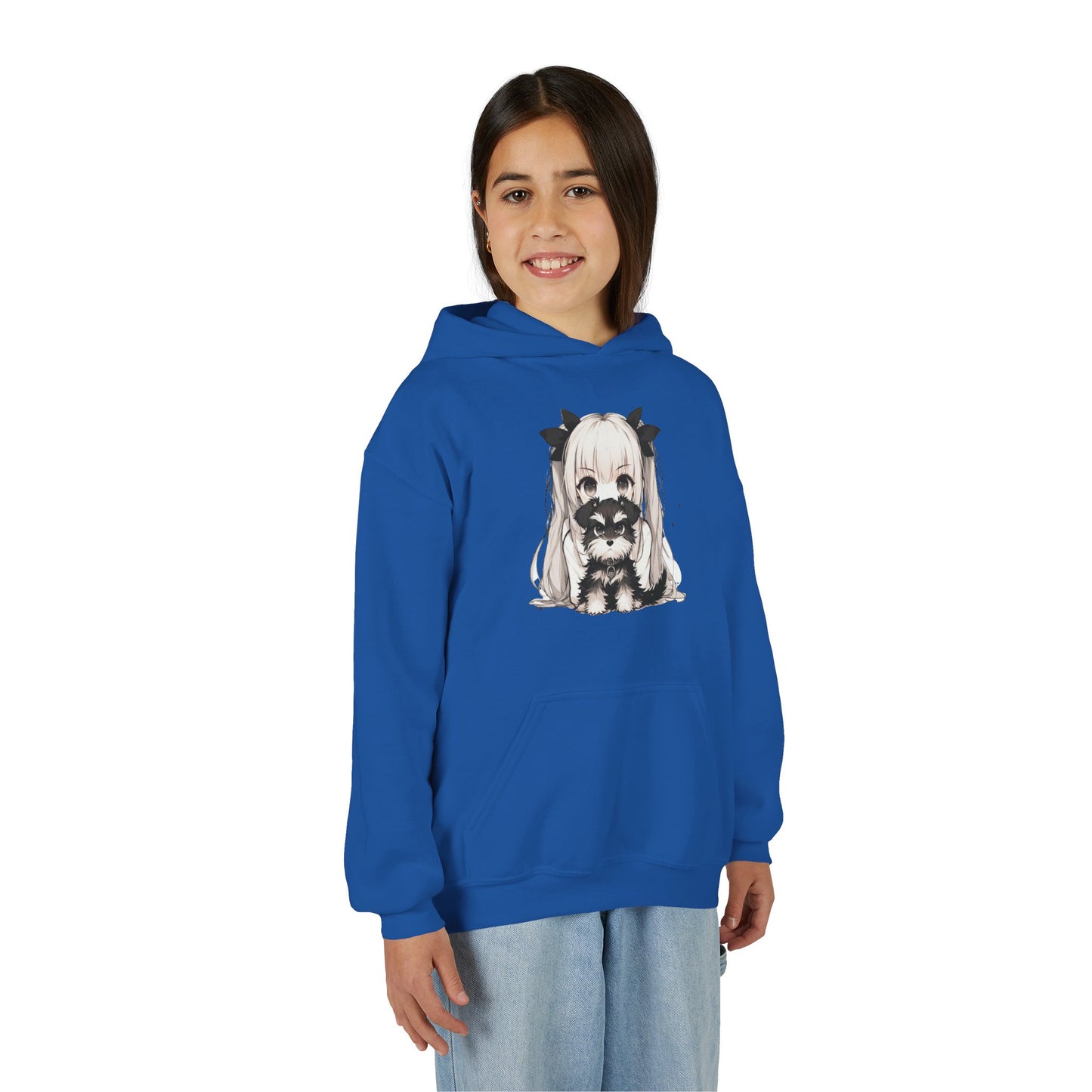 Cute Anime Girl & Puppy Youth Hoodie — Kawaii Kids Pullover for Anime Fans