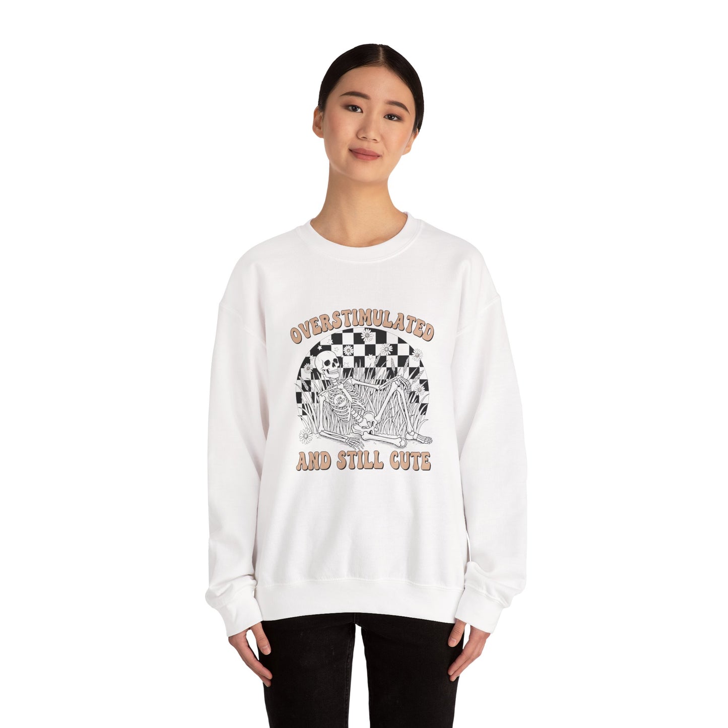 Sweatshirt — "Overstimulated and Still Cute" Skull Checkerboard Graphic Crewneck