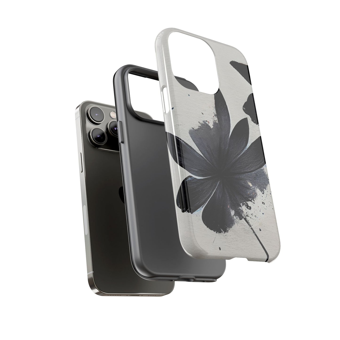 Monochrome Floral Tough Phone Case — Black Ink Flower Protective Cover