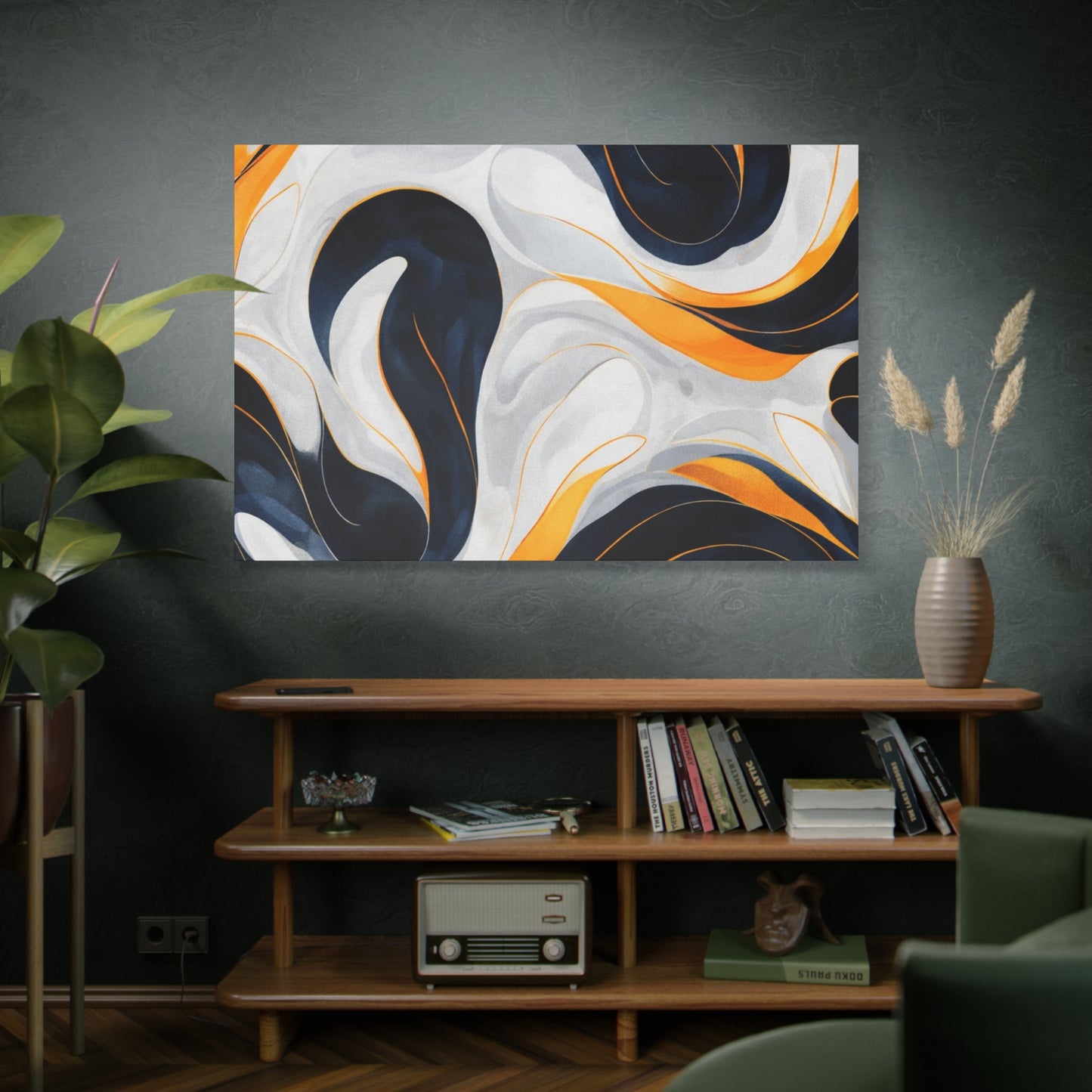 Abstract Fluid Art Matte Canvas Print — Navy, Gold & White Stretched Wall Art