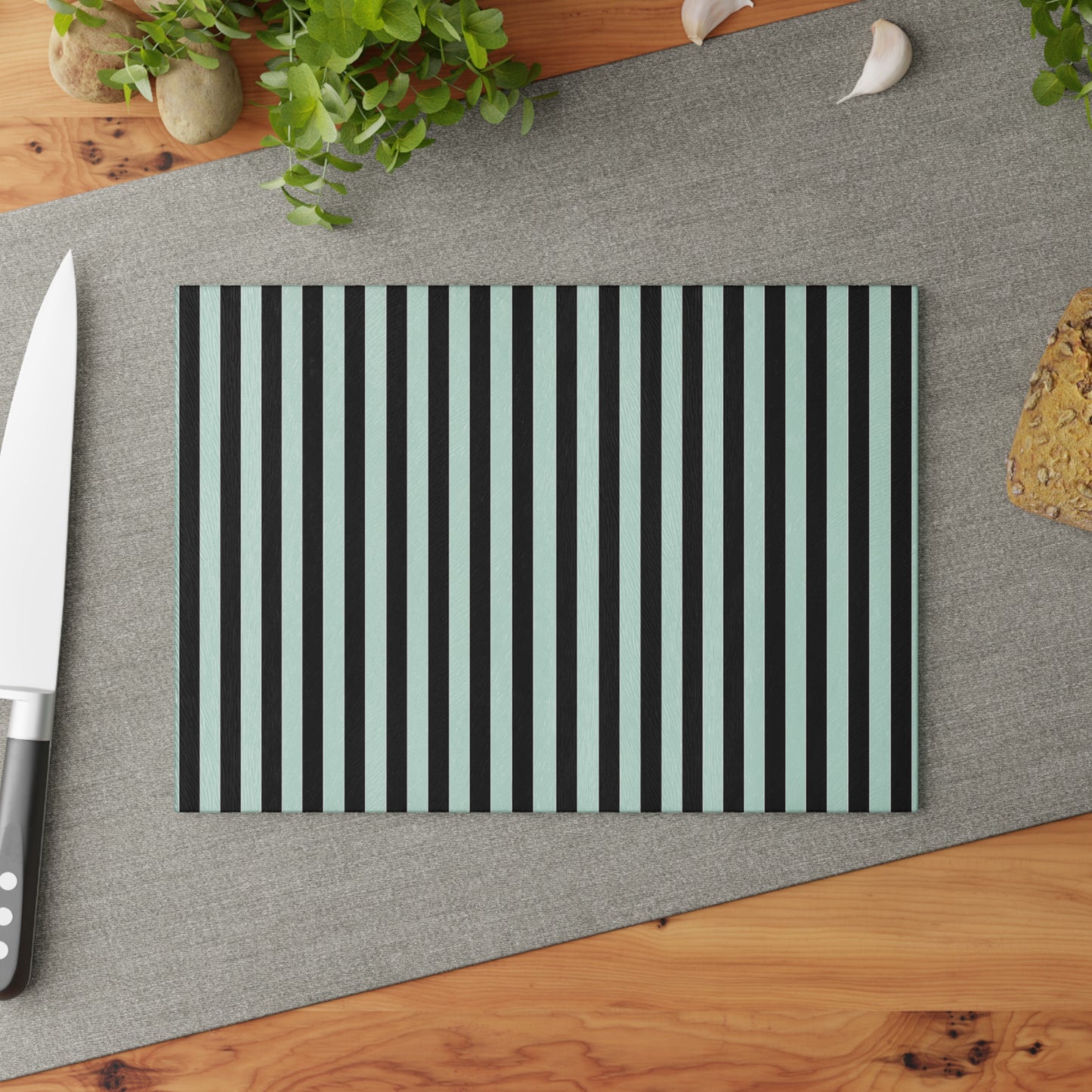 Striped Glass Cutting Board – Black & Mint Vertical Stripe Kitchen Board