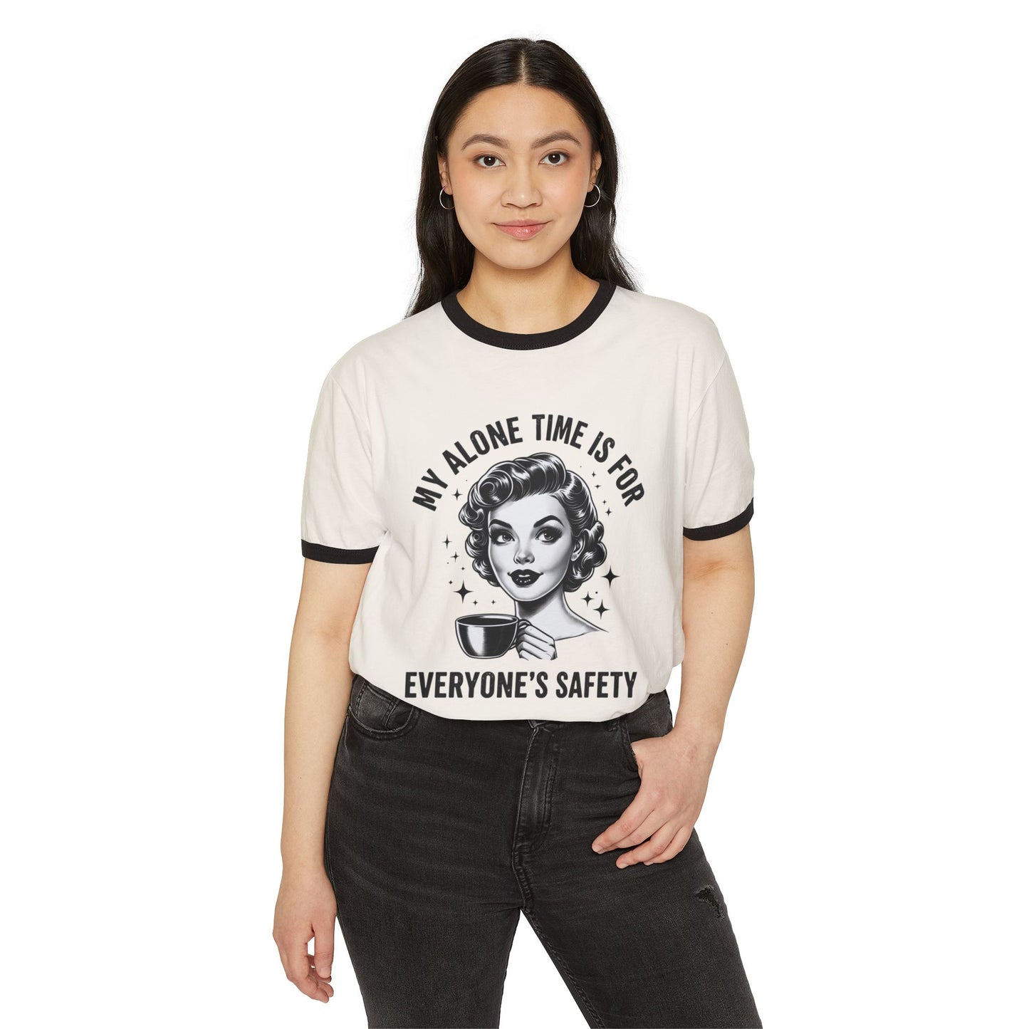 Vintage Retro Ringer T‑Shirt — “My Alone Time Is For Everyone’s Safety” Coffee Graphic