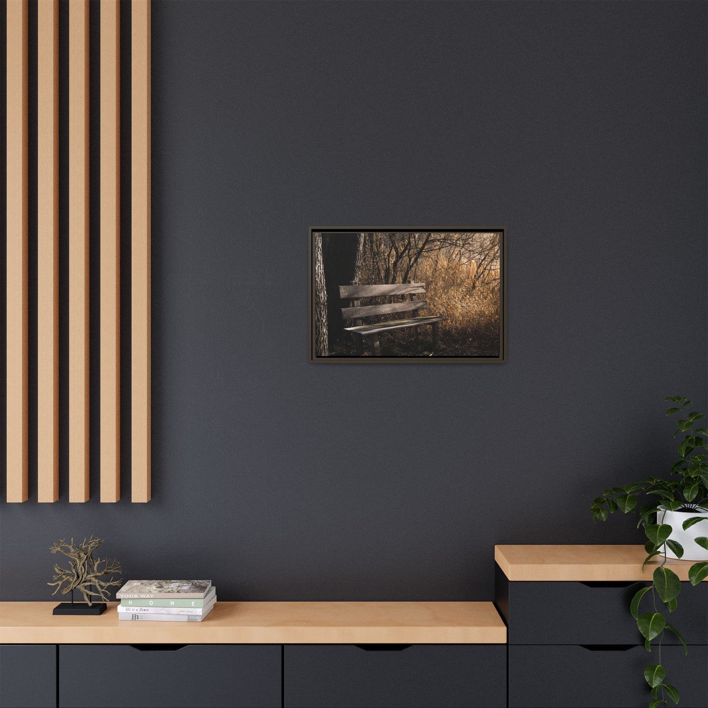 Framed Matte Canvas Print — Autumn Park Bench Photography