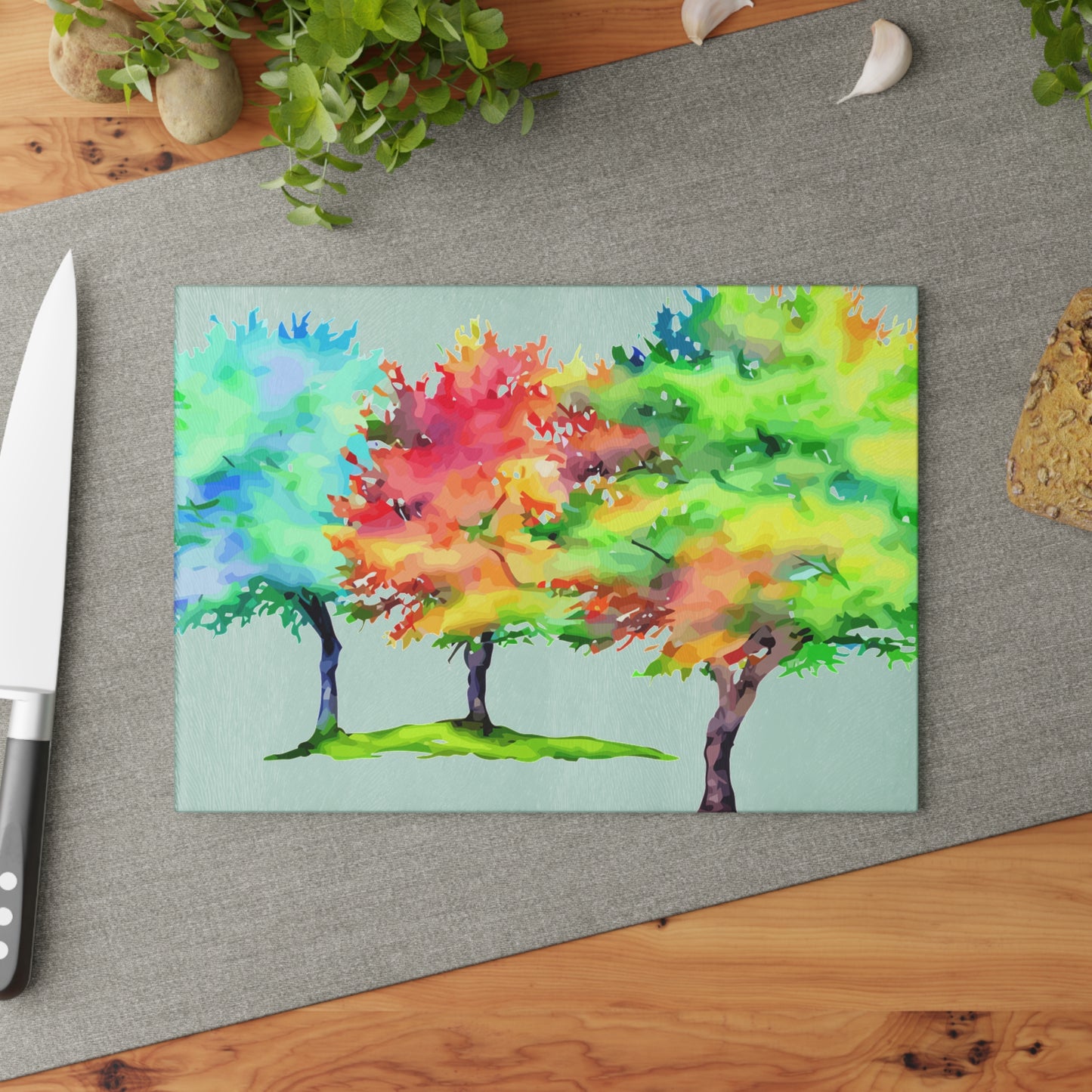 Glass Cutting Board — Colorful Watercolor Trees Kitchen Cutting Board