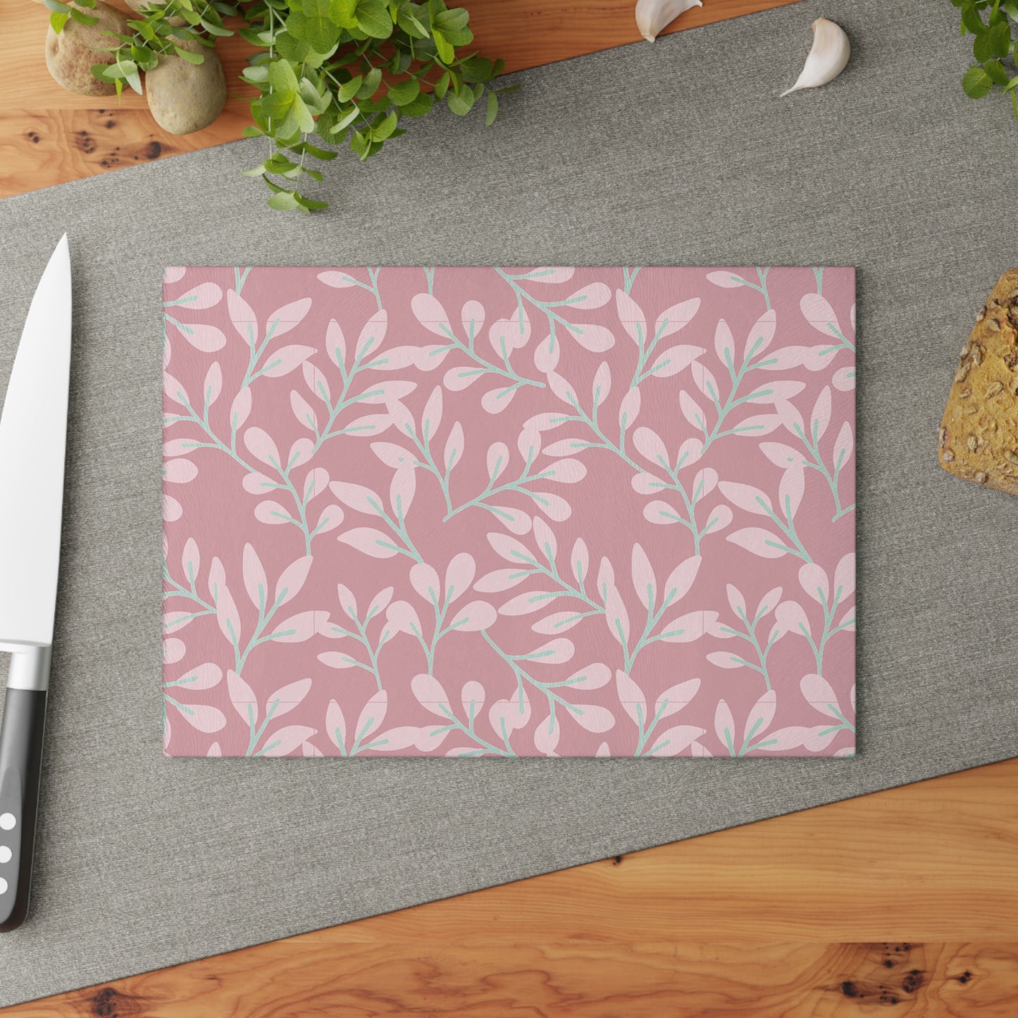 Pink Floral Glass Cutting Board – Pastel Leaf Pattern Kitchen Decor