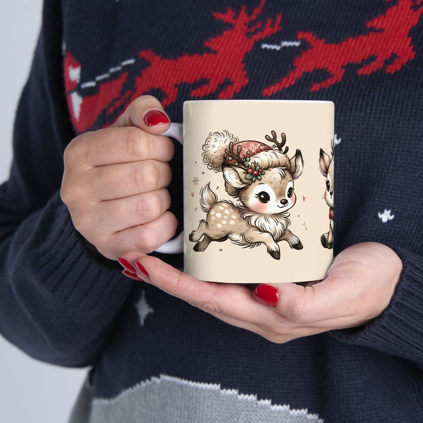 Cute Reindeer Mug — Kawaii Christmas Deer Ceramic Coffee Cup (11oz, 15oz)