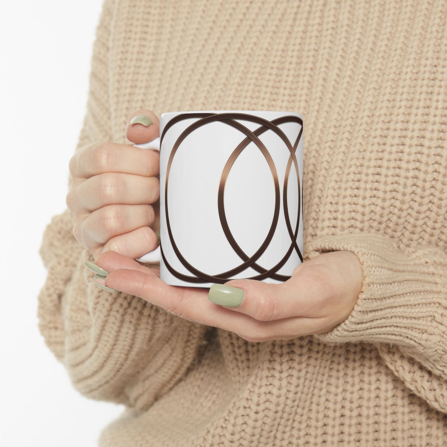 Modern Geometric Ceramic Mug — Bronze Interlocking Circle Pattern (11oz & 15oz)