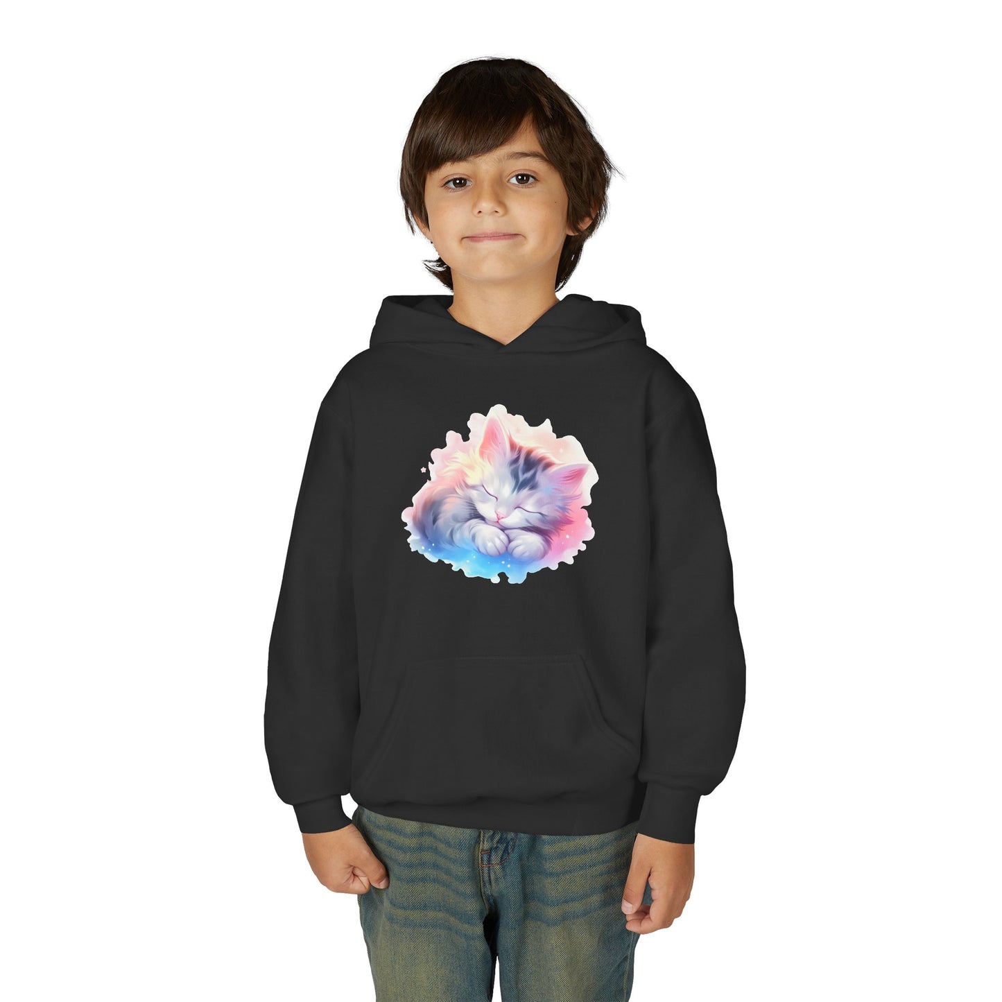 Kids' Cozy Rainbow Kitten Hoodie — Cute Sleeping Cat Youth Sweatshirt
