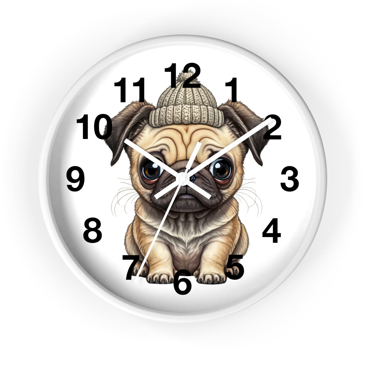 Cute Pug Wall Clock — Adorable Pug Puppy in Beanie Decorative Clock for Dog Lovers