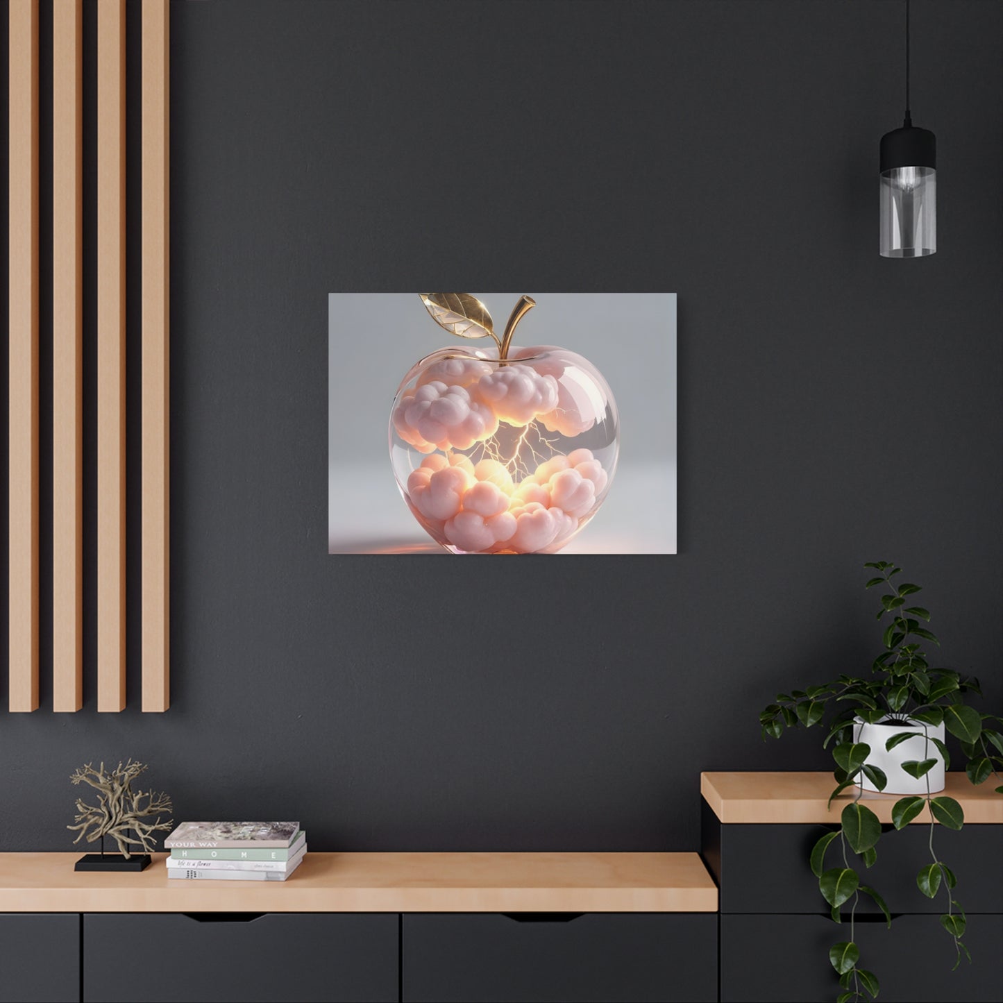 Surreal Glass Apple Canvas – Lightning & Pink Clouds Wall Art