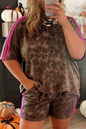 Brown Retro Leopard Print Contrast Varsity Stripe Trim Plus Size 2pcs Short Set