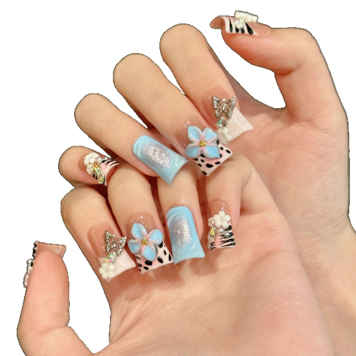 3D Hand Painted Nails with Pastel Florals and Star Accents – Image 4