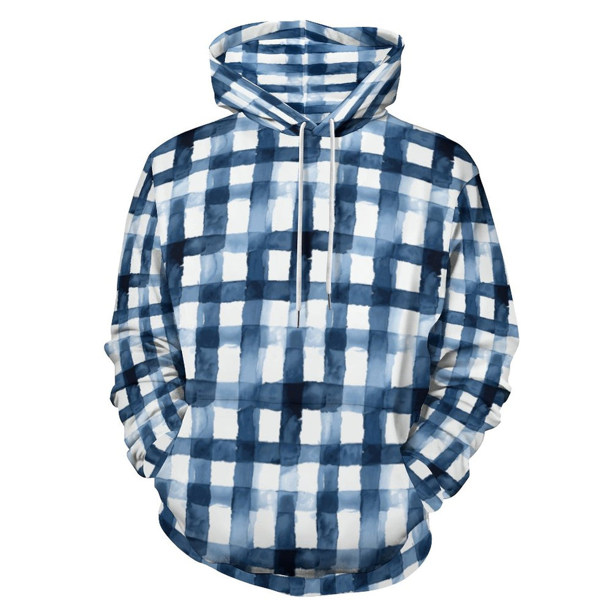Blue Plaid Men's Cool Hoodie with Double-layer Cap