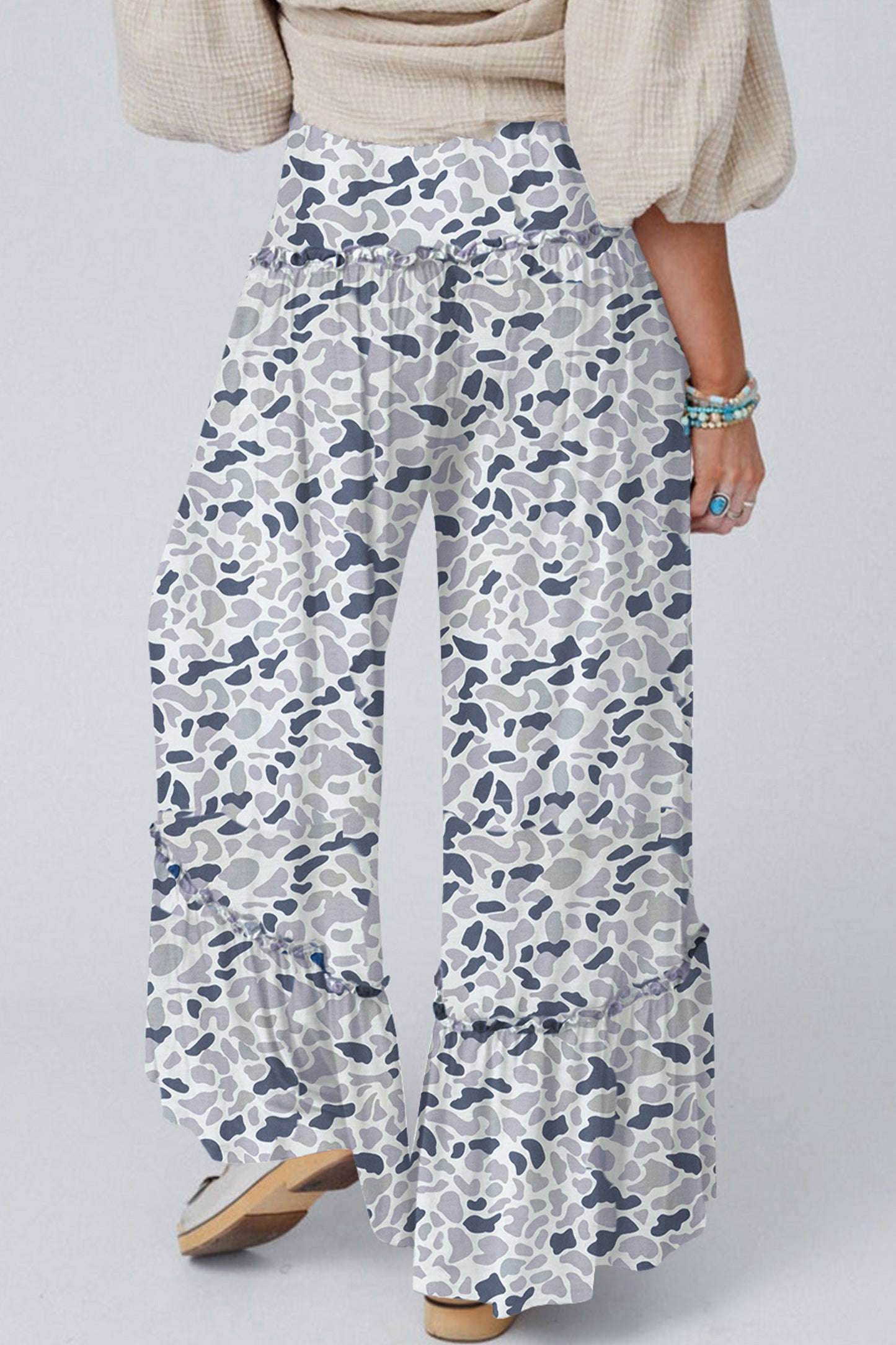 Beige Camo Print Wide Leg Casual Pants