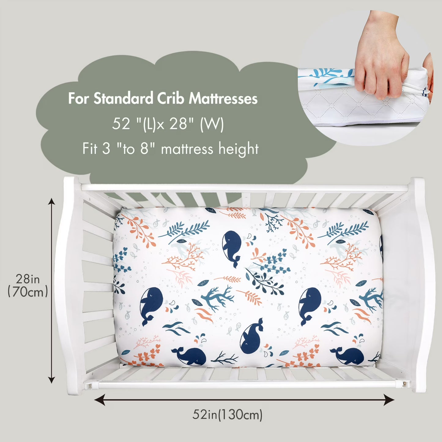 Baby Crib Sheets, Organic Fitted Elastic Toddler Bed Crib Mattress Sheets 52"x28"x9",Blue Ocean