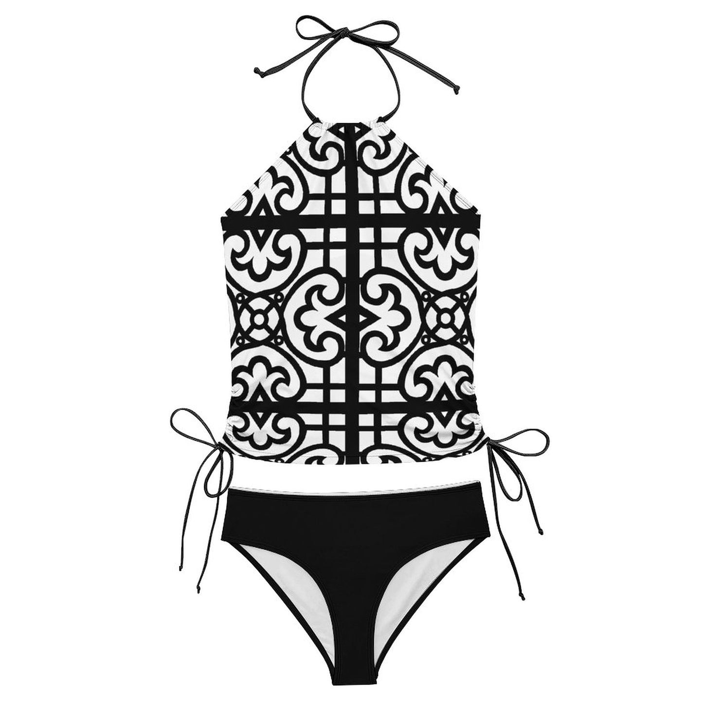 2-Piece Women's Tankini Set with High Neck Halter Top Black and White