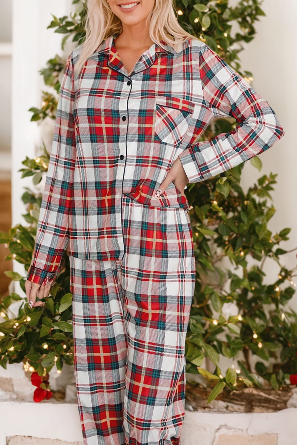 Red  Plaid Print Two Piece Long Sleeve Pajamas Set
