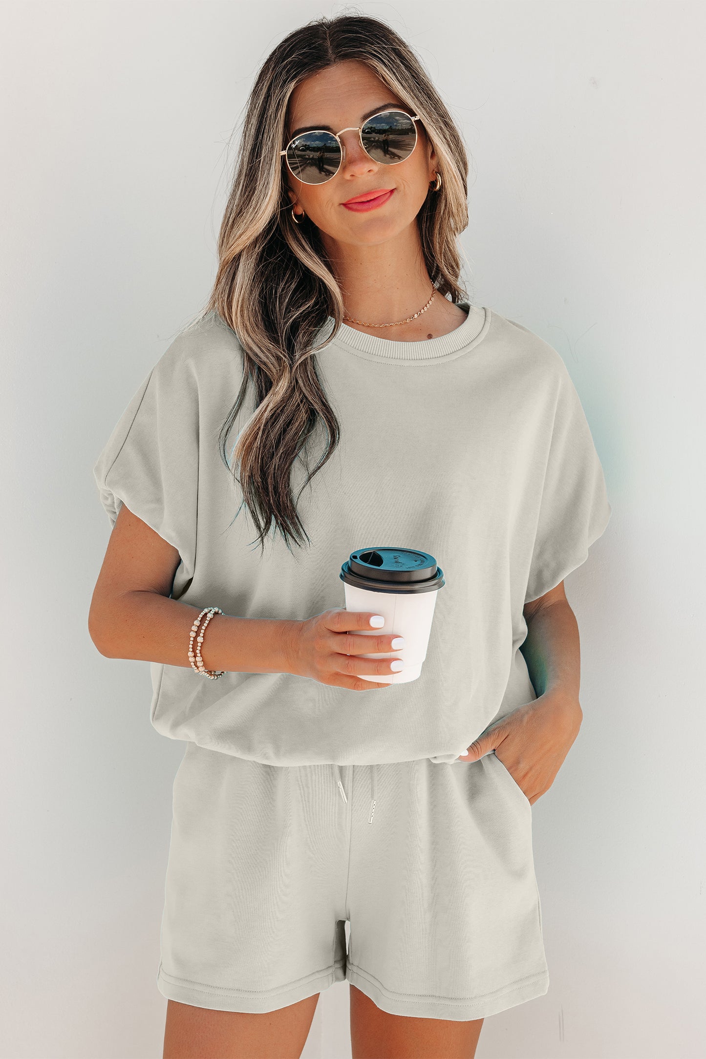 Smoke Gray Solid Color Puffy Loose Top Drawstring Shorts 2pcs Outfit
