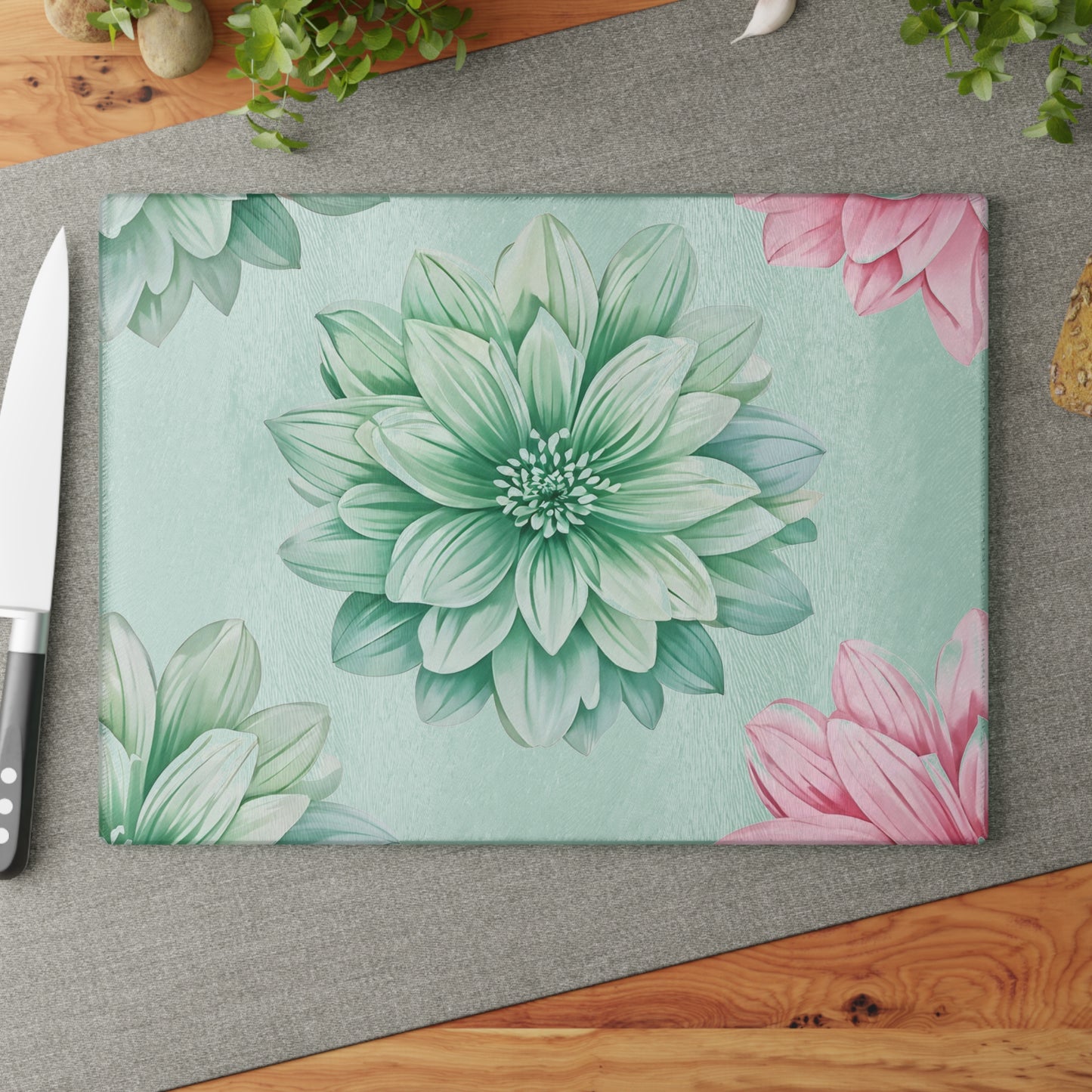 Floral Glass Cutting Board — Pastel Succulent Dahlia Kitchen Board