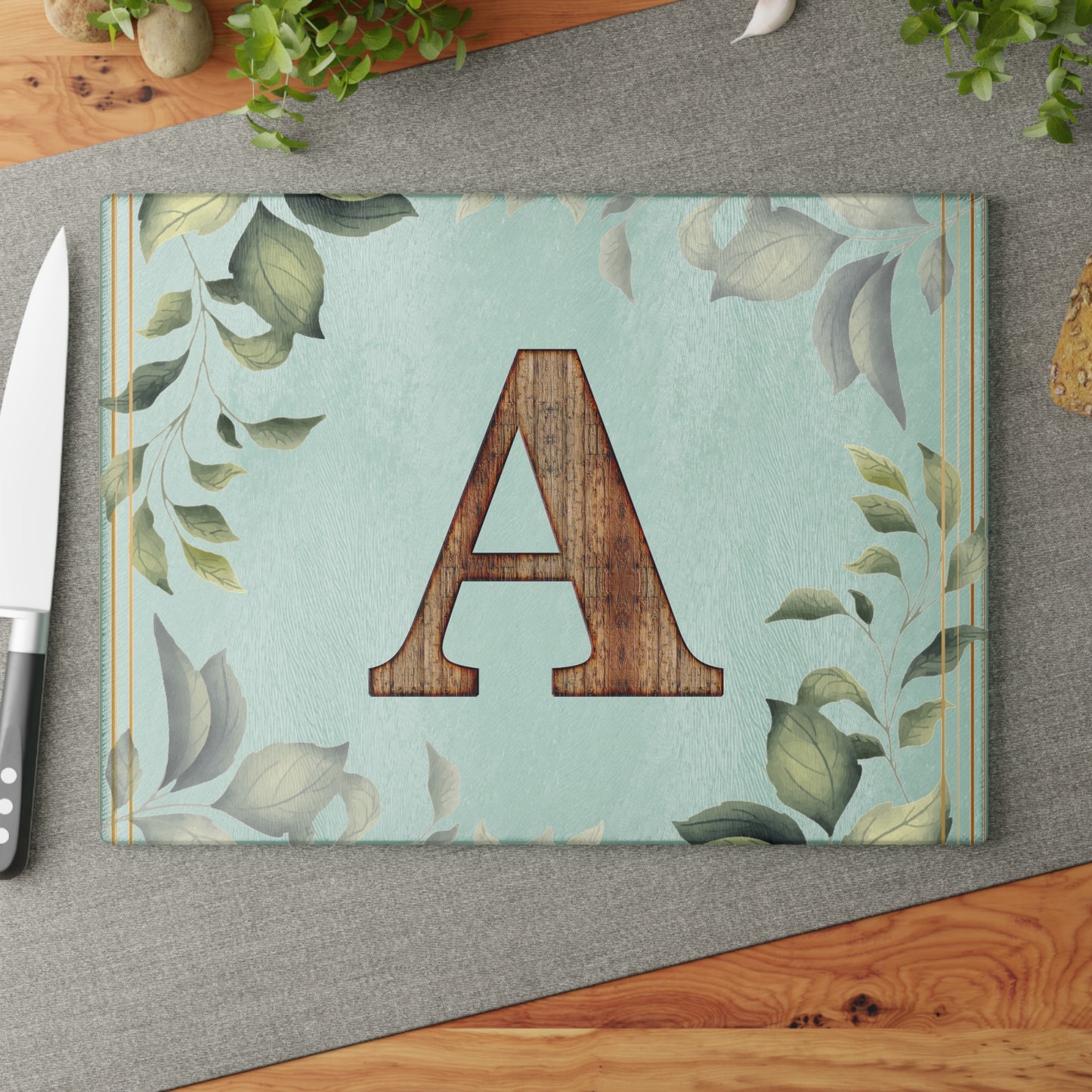 Monogram Glass Cutting Board – Rustic Wood Letter A with Botanical Leaves (Personalized Kitchen Gift)