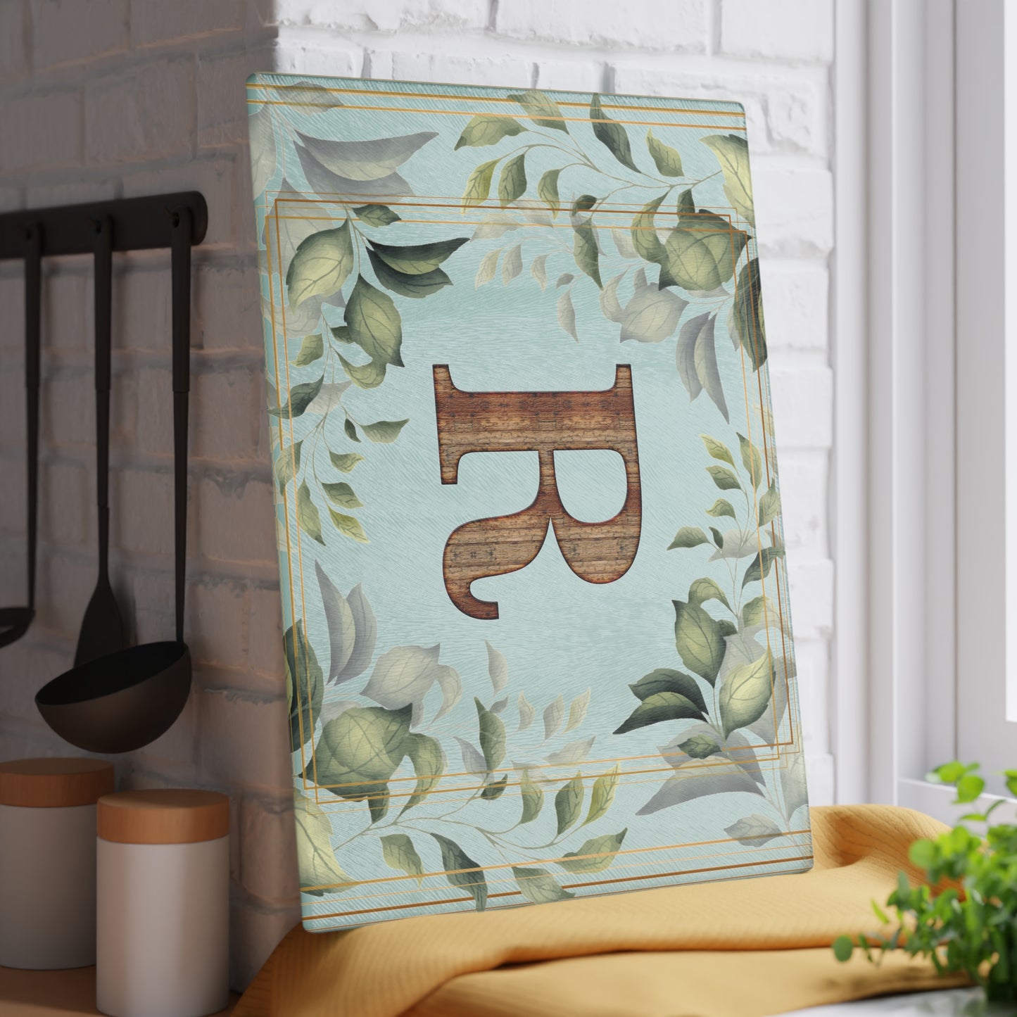 Monogram Glass Cutting Board — Rustic Wood “R” with Greenery Border