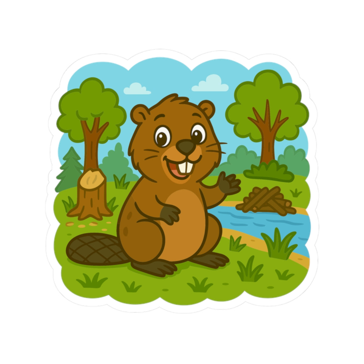 Beaver Pond Kiss-Cut Sticker – Cute Woodland Animal Laptop Decal