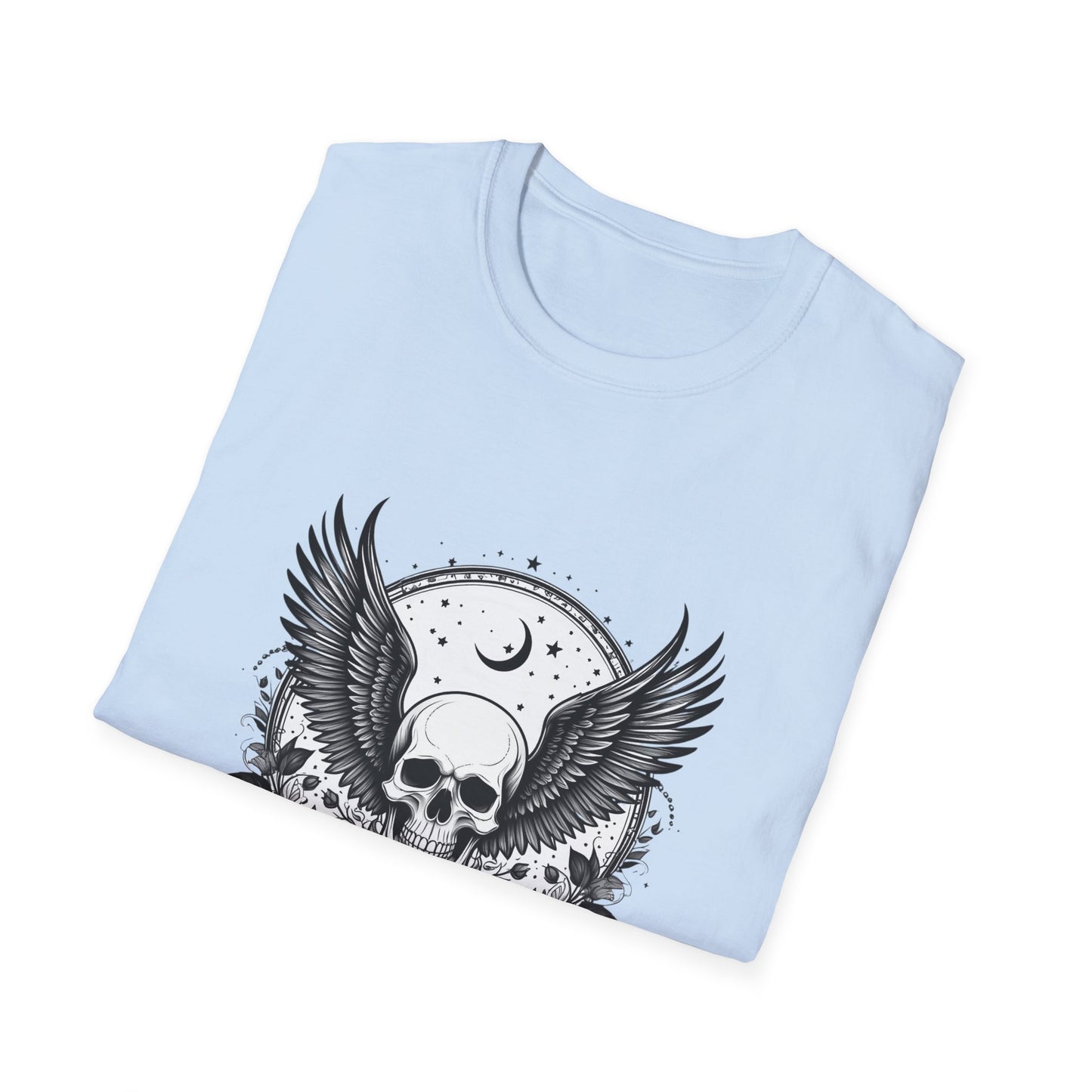 Skull Wings T‑Shirt – Crescent Moon & Red Roses Gothic Graphic Tee