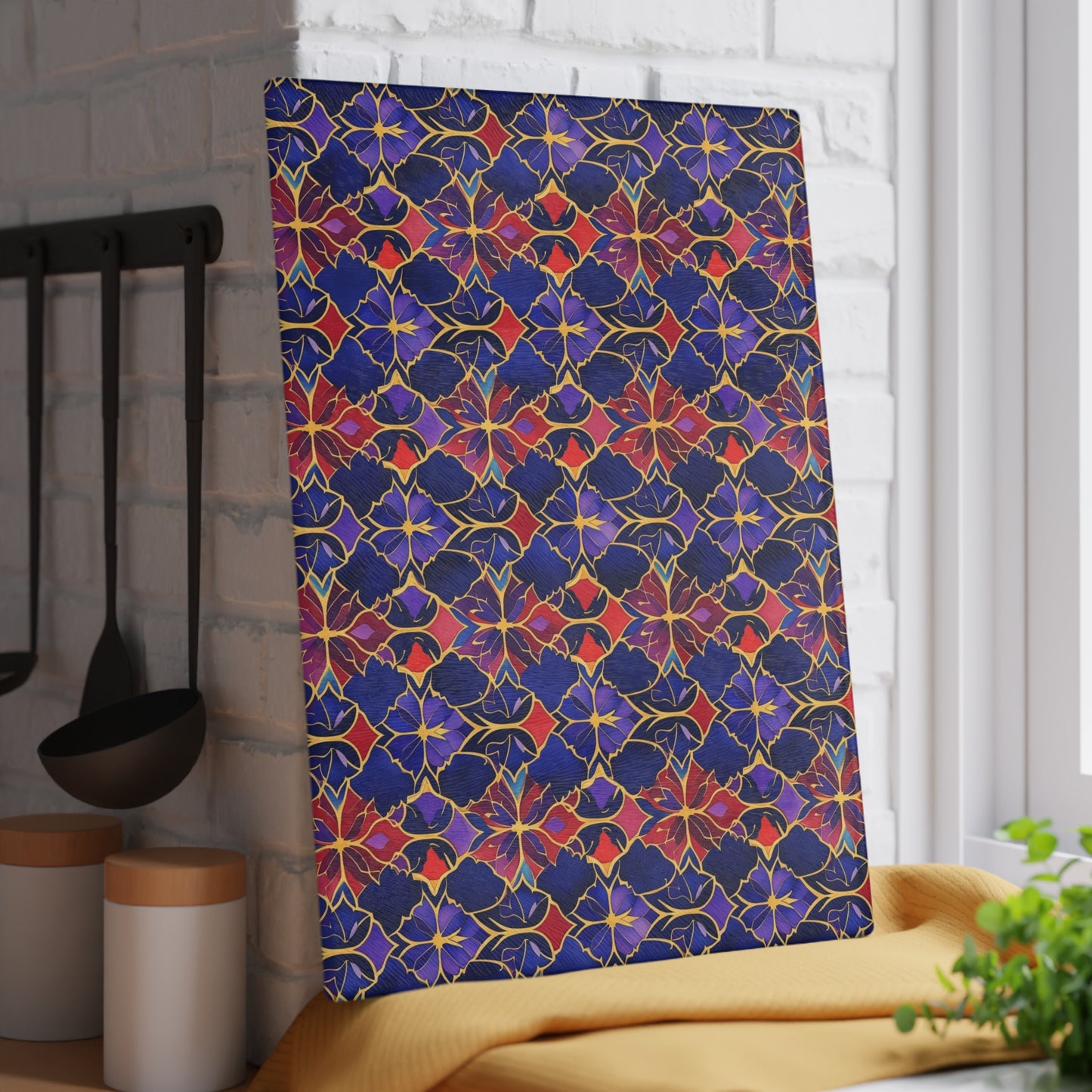 Glass Cutting Board — Vibrant Floral Tile Pattern Decorative Kitchen Board
