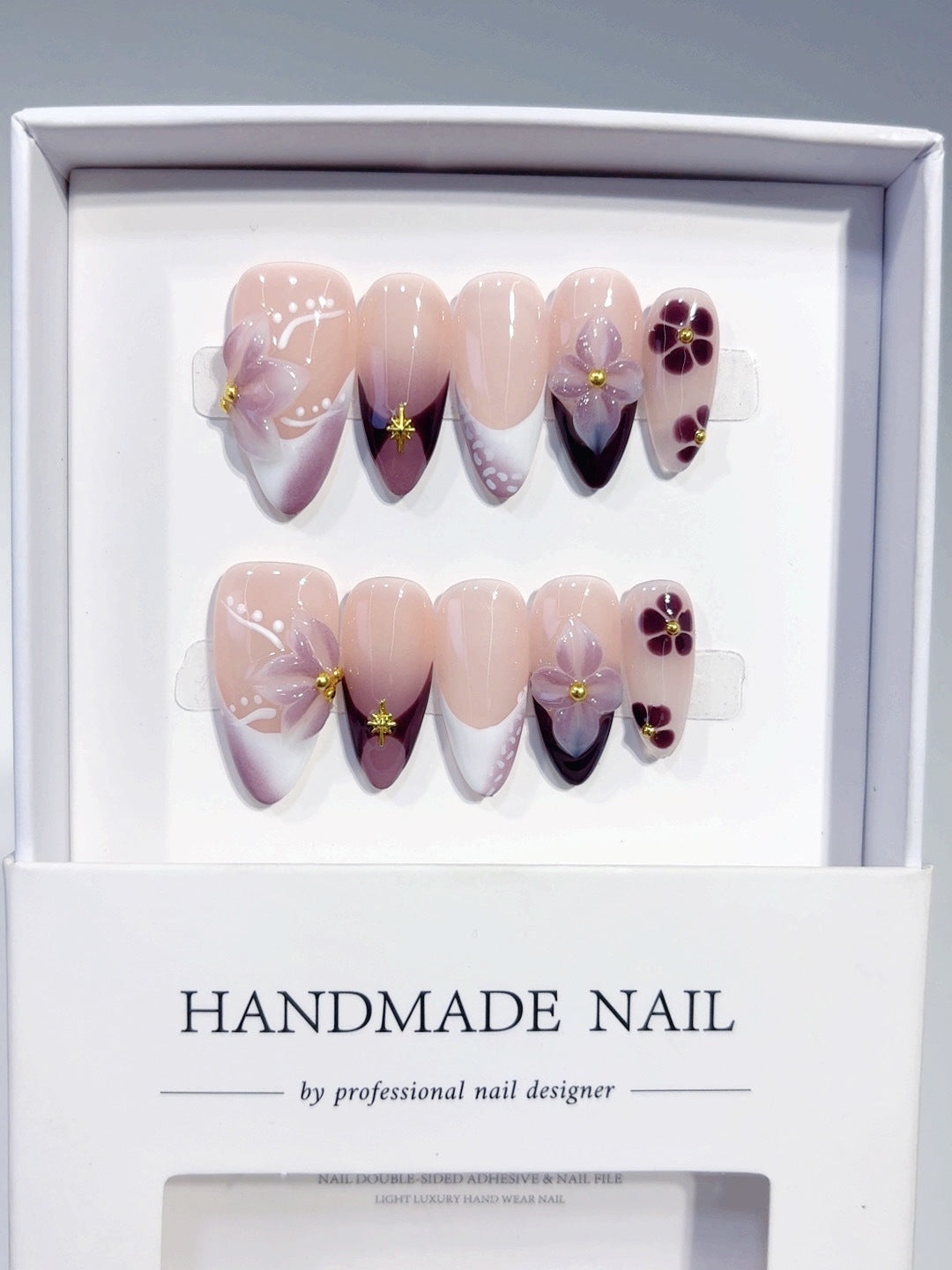 Plum Blossom Gradient: "Purple Floral" – Almond Press-On Nails – Image 6