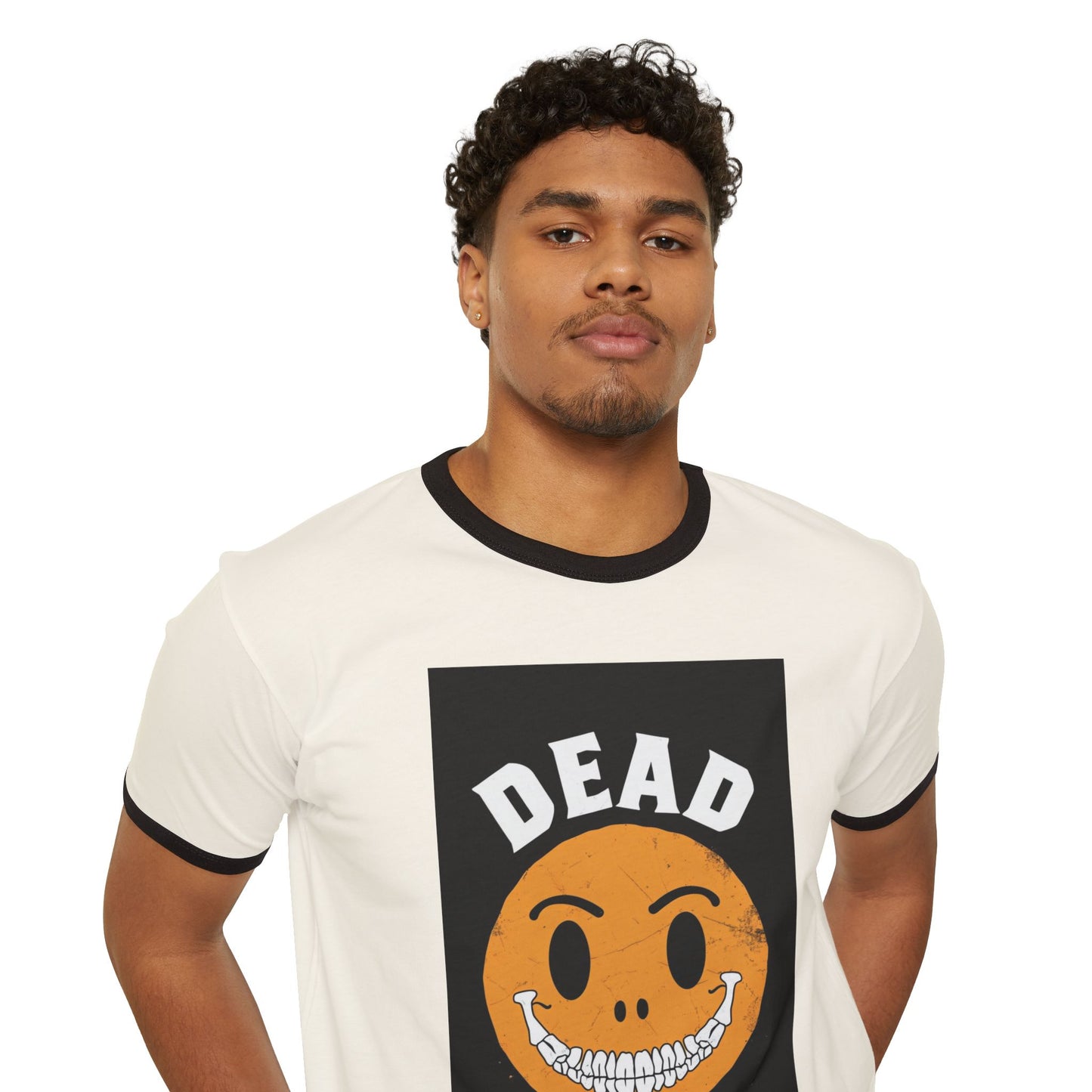 Ringer T-Shirt — 'Dead Inside' Grinning Smiley Graphic Tee