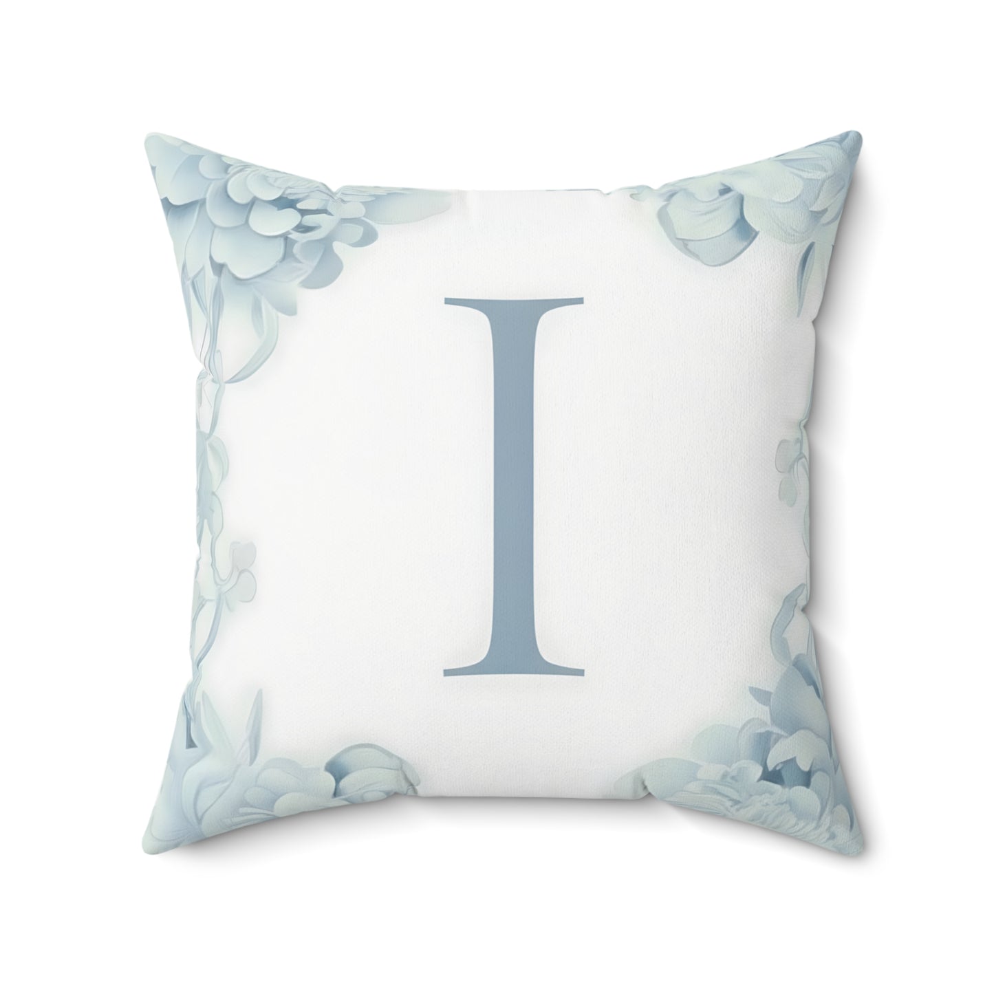 Monogram 'I' Floral Throw Pillow — Soft Blue Initial Accent Pillow
