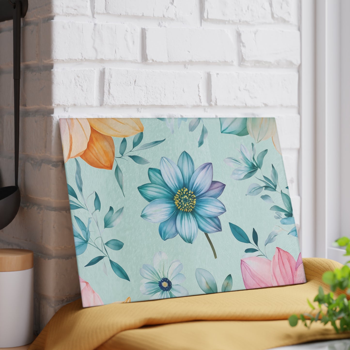 Floral Glass Cutting Board — Pastel Blue Watercolor Flowers