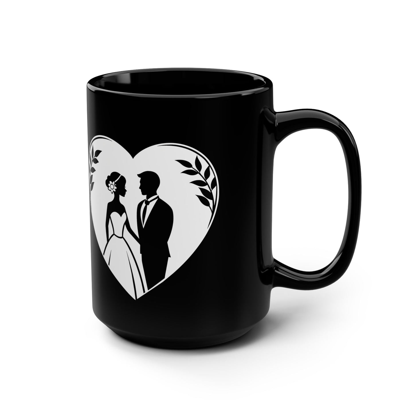 Wedding Couple Heart Black Mug — 15oz Brides & Grooms Coffee Cup