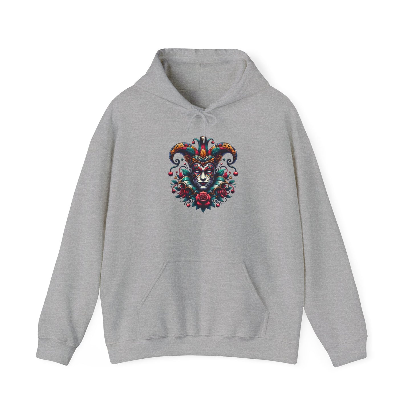 Colorful Jester Hoodie, Unique Graphic Sweatshirt, Cozy Unisex Apparel, Perfect for Festivals and Celebrations, Great Gift Idea
