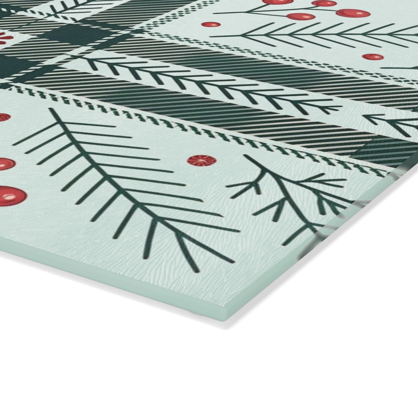 Festive Plaid & Holly Glass Cutting Board — Holiday Kitchen Decor